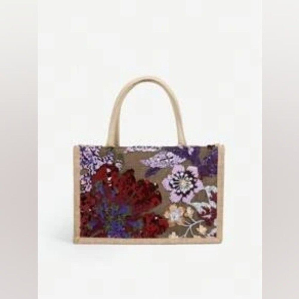 Sequin Embroidery Floral Stitching Linen Tote Bag NWT - Picture 11 of 13